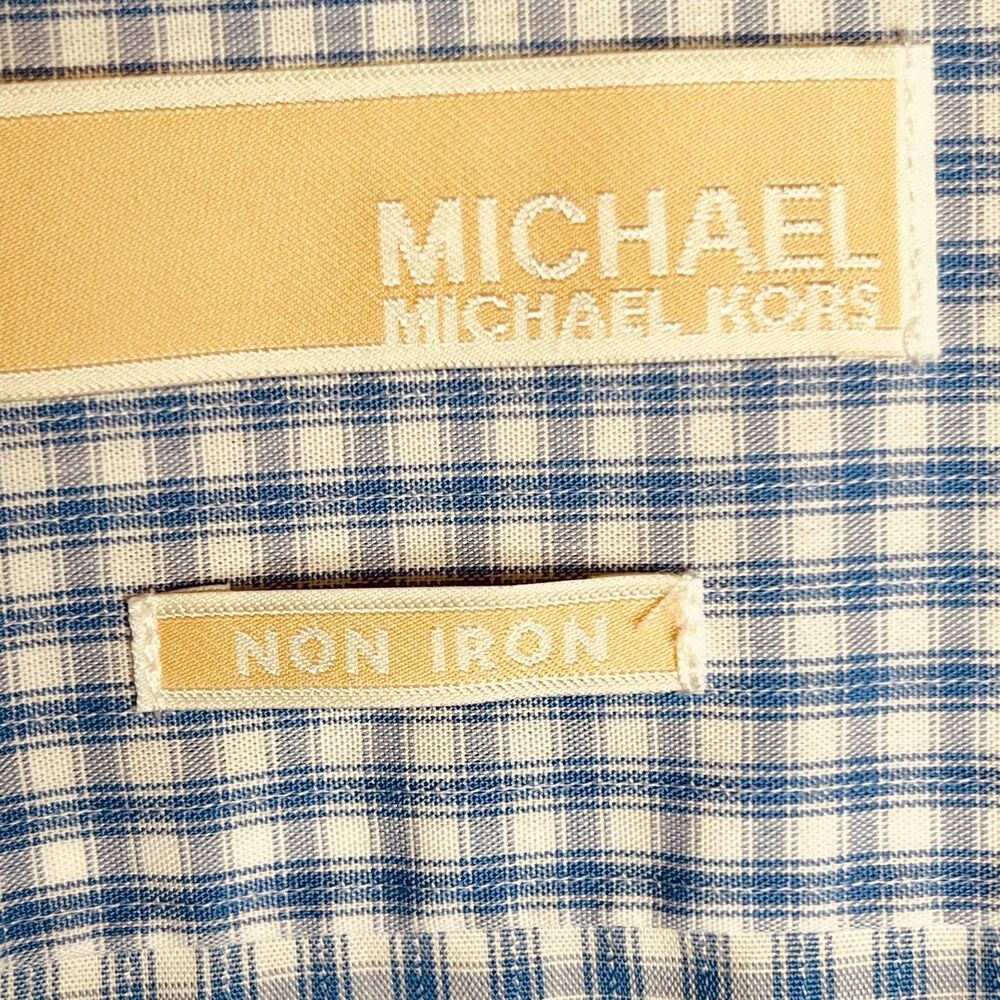 Michael Michael Kors Mens Button Down Shirt 17.5 34/35 Blue/W Plaid Long Sleeves - Picture 2 of 6